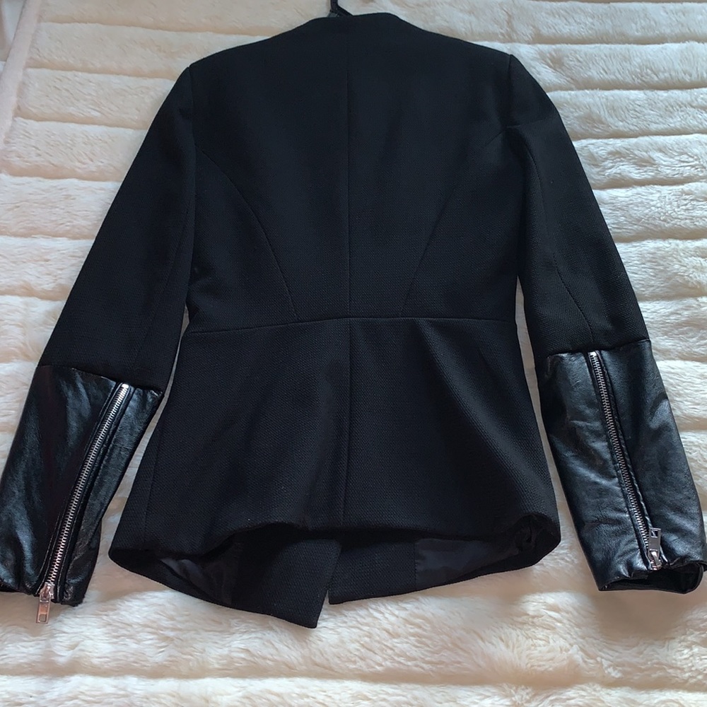 Y2K Black leather trim zippered biker sleeve WRAP blazer Coat Jacket XS S - Picture 15 of 16
